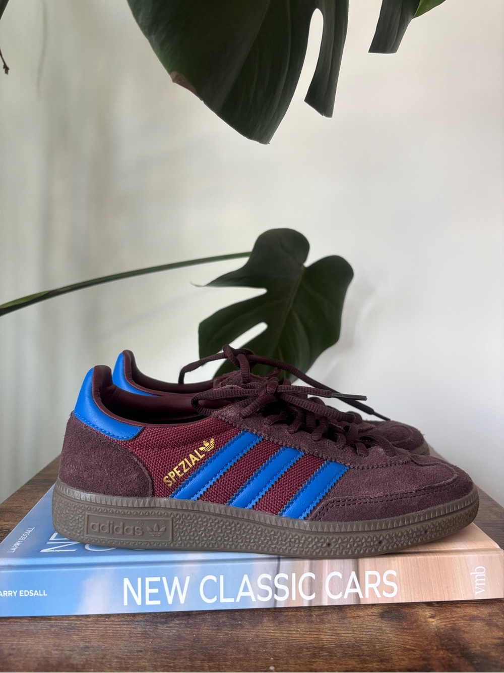 adidas Burgundy Suede Spezial Sneakers with Blue Stripes